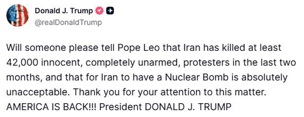 Truth Social post by Donald Trump about Pope Leo
