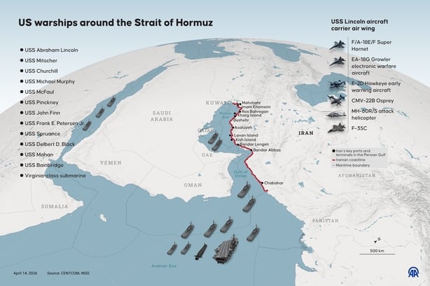 An infographic titled "US warships around the Strait of Hormuz"
