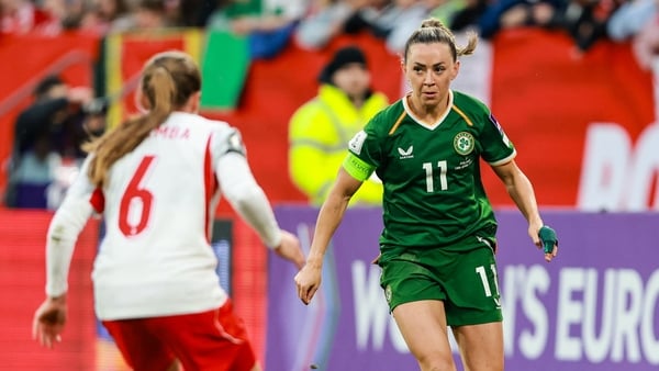 Katie McCabe of Republic of Ireland in action against Aleksandra Zaremba of Poland during the 2027 FIFA Women’s World Cup Qualifier match between Poland and Republic of Ireland at Polsat Plus Arena in Gdansk, Poland.
