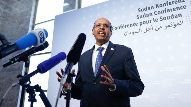 The Chairperson of the African Union Commission Mahmoud Ali Youssouf gives a statement as he arrives to attend the third international conference on Sudan, at the Foreign Office in Berlin