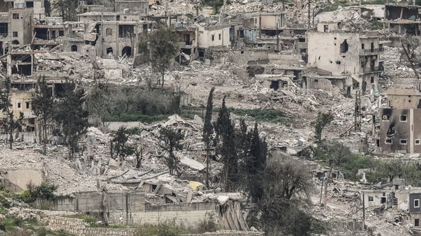 A photograph taken from the Israeli side of the border with Lebanon shows destroyed buildings in southern Lebanon