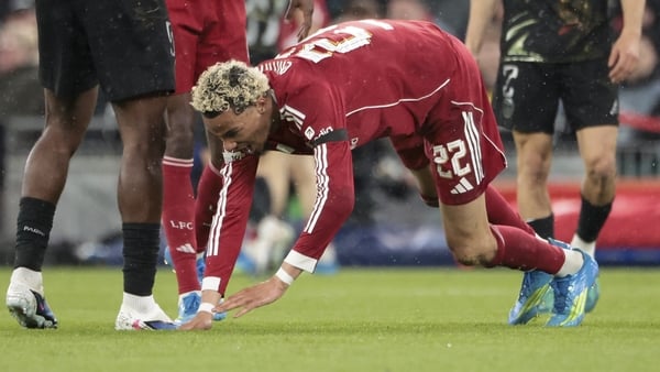 LIVERPOOL, ENGLAND - APRIL 14: Hugo Ekitike of Liverpool suffers from an achilles tendon injury during the UEFA Champions League 2025/26 Quarter-Final Second Leg match between Liverpool FC and Paris Saint-Germain (PSG) at Anfield on April 14, 2026 in Live