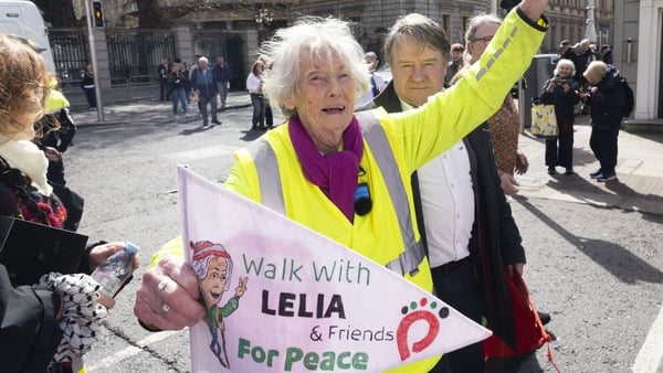 Palestinian demonstrator 91 year old Leila Doolan arriving at Leinster House after walking from Shannon, to demonstrate against the USA using Shannon as a Military stop-over.