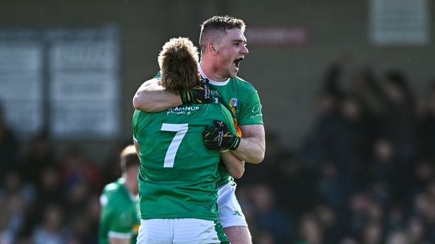 12 April 2026; Riordan O'Rourke of Leitrim, right, and team-mate Keith Keegan celebrate after the Connacht GAA Football Senior Championship quarter-final match between Sligo and Leitrim at Markievicz Park in Sligo. Photo by Tyler Miller/Sportsfile