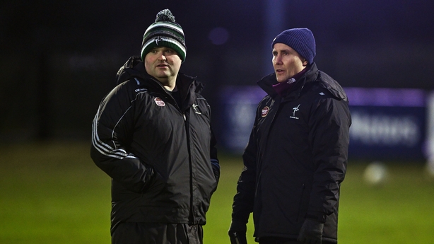 10 January 2026; Kildare manager Brian Flanagan, right and coach Davy Burke before the Dioralyte O'Byrne Cup semi-final match between Kildare and Dublin at Cedral St Conleth's Park in Newbridge, Kildare. Photo by Ben McShane/Sportsfile