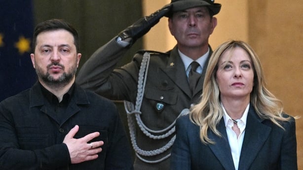 Italy's Prime Minister, Giorgia Meloni welcomes Ukraine's President Volodymyr Zelensky at Palazzo Chigi prior their meeting in Rome on April 15, 2026. (Photo by Tiziana FABI / AFP)