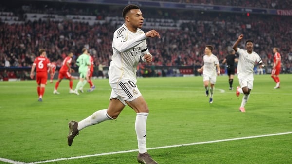 MUNICH, GERMANY - APRIL 15: Kylian Mbappe of Real Madrid celebrates scoring his team's third goal during the UEFA Champions League 2025/26 Quarter-Final Second Leg match between FC Bayern München and Real Madrid CF at Football Arena Munich on April 15, 20