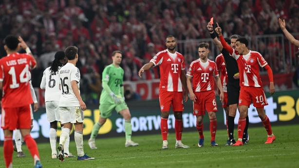 MUNICH, GERMANY - APRIL 15: Eduardo Camavinga of Real Madrid receives red card during the UEFA Champions League 2025/26 Quarter-Final Second Leg match between FC Bayern Munich and Real Madrid CF at Football Arena Munich on April 15, 2026 in Munich, Germany. (Photo by Halil Sagirkaya/Anadolu via Gett