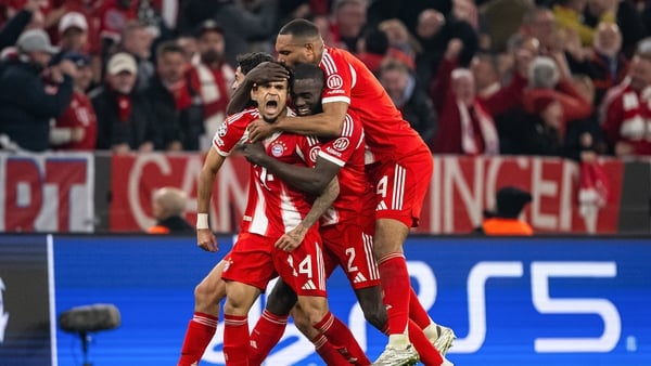 MUNICH, GERMANY - APRIL 15: Luis Diaz celebrates after scoring his team's third goal with Jonathan Tah (R) and Dayot Upamecano (R) during the UEFA Champions League 2025/26 Quarter-Final Second Leg match between FC Bayern München and Real Madrid CF at Foo