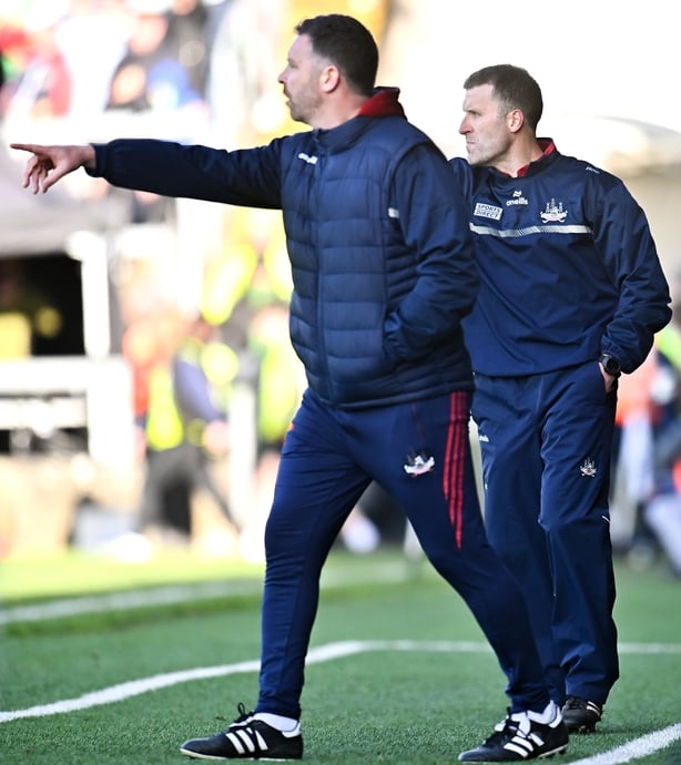 Cork selector Ronan Curran, left, and Cork manager Ben O'Connor during the Allianz Hurling League Division 1A final match between Limerick and Cork at TUS Gaelic Grounds in Limerick.