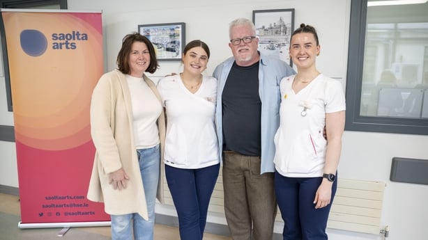 Artist Brendan McHugh with healthcare staff members Marian Tighe, Hannah Kilkelly and Siobhan Brew at the exhibition launch