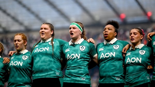 11 April 2026; Ireland players sing Ireland's Call before the Women's Six Nations Rugby Championship match between England and Ireland at Allianz Stadium in Twickenham, England. Photo by Shauna Clinton/Sportsfile