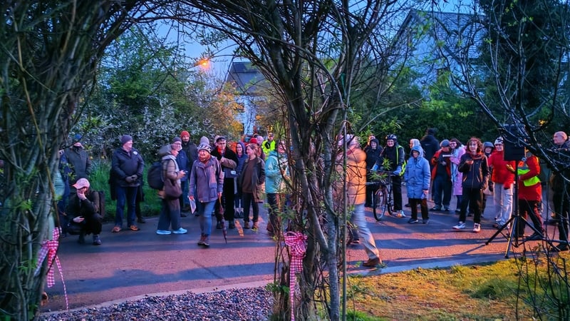 Image shows dozens of people gathered outdoors at dusk.