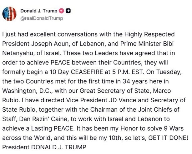 Donald Trump Truth Social post announcing Israel-Lebanon ceasefire