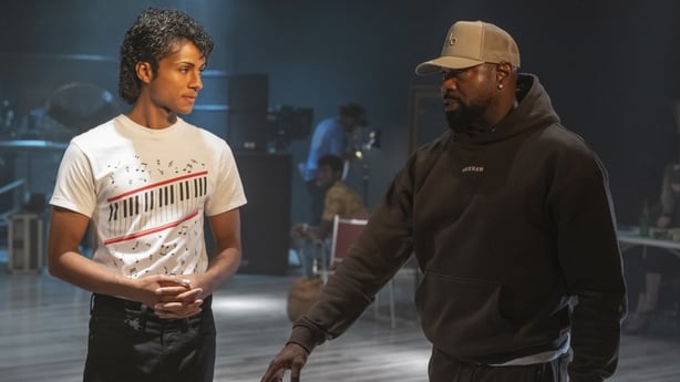 Jaafar Jackson as Michael Jackson and director Antoine Fuqua in Michael. Photo Credit: Glen Wilson/Lionsgate