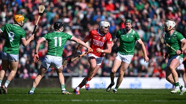 Limerick , Ireland - 5 April 2026; Tim O'Mahony of Cork in action against Limerick players, from left, Adam English, Aidan O'Connor, William O'Donoghue and Cian Lynch during the Allianz Hurling League Division 1A final match between Limerick and Cork at TUS Gaelic Grounds in Limerick. (Photo By Piar