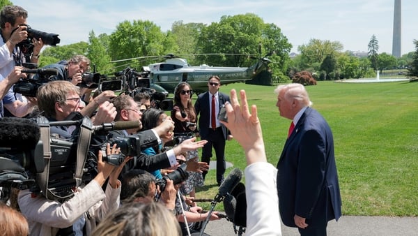 WASHINGTON, DC - APRIL 16: U.S. President Donald Trump speaks to the media before boarding Marine One on the South Lawn of the White House on April 16, 2026 in Washington, DC. President Donald Trump is traveling to Las Vegas, Nevada to promote the tax cut