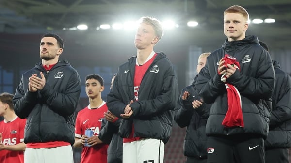 ALKMAAR, NETHERLANDS - APRIL 16: Sven Mijnans of AZ Alkmaar , Troy Parrott of AZ Alkmaar , Billy van Duijl of AZ Alkmaar , Kees Smit of AZ Alkmaar disappointed after elimination during the Conference League match between AZ Alkmaar v Shakhtar Donetsk at t