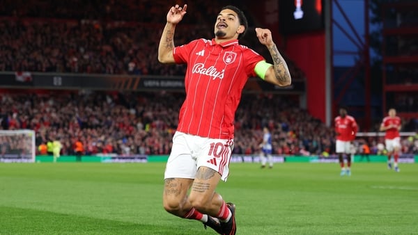 NOTTINGHAM, ENGLAND - APRIL 16: Morgan Gibbs-White of Nottingham Forest celebrates scoring his team's first goal during the UEFA Europa League 2025/26 Quarter-Final Leg Two match between Nottingham Forest FC and FC Porto at City Ground on April 16, 2026 i