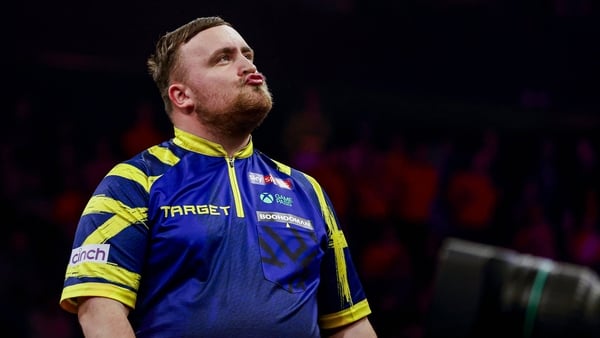 Rotterdam, Netherlands - April 16: Luke Littler of England looks on during the Semifinal match of the BetMGM Premier League Darts at Rotterdam Ahoy on April 16, 2026 in Rotterdam, Netherlands. (Photo by Marcel ter Bals/DeFodi Images/DeFodi via Getty Image