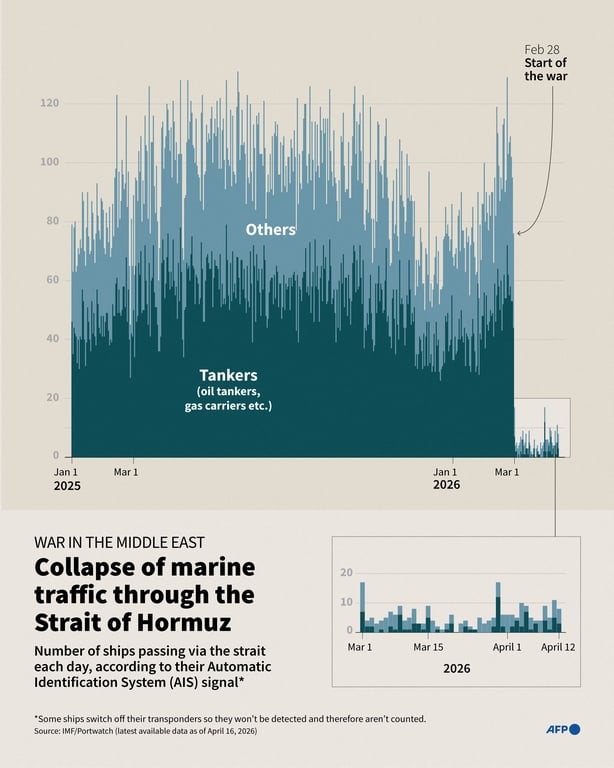 Graphic showing the change in the number of ships, notably oil and gas tankers, passing through the Strait of Hormuz each day since January 1, 2025 (Graphic by Paz PIZARRO and Nalini LEPETIT-CHELLA / AFP)