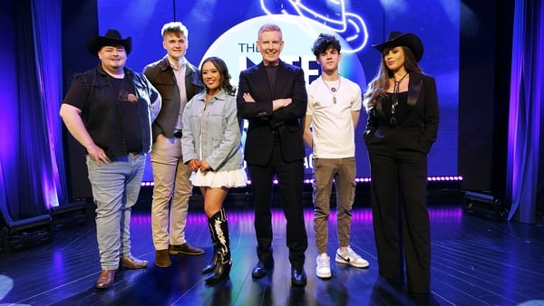 Patrick Kielty is pictured with Ryan Phoenix, Paddy Treacy, Caitlin Mackin, Jesse Sludds and Keli-Ann Corcoran of Midnight in Vegas