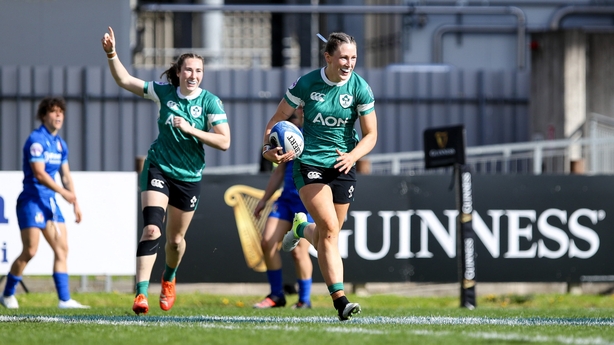 30 March 2025; Anna McGann of Ireland on her way to scoring her side's second try during the Women's Six Nations Rugby Championship match between Italy and Ireland at Stadio Sergio Lanfranchi in Parma, Italy. Photo by Massimiliano Carnabuci/Sportsfile