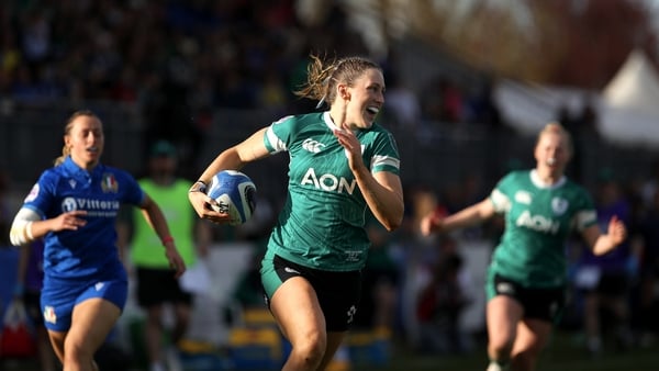30 March 2025; Anna McGann of Ireland on the way to scoing her third try during the Women's Six Nations Rugby Championship match between Italy and Ireland at Stadio Sergio Lanfranchi in Parma, Italy. Photo by Massimiliano Carnabuci/Sportsfile