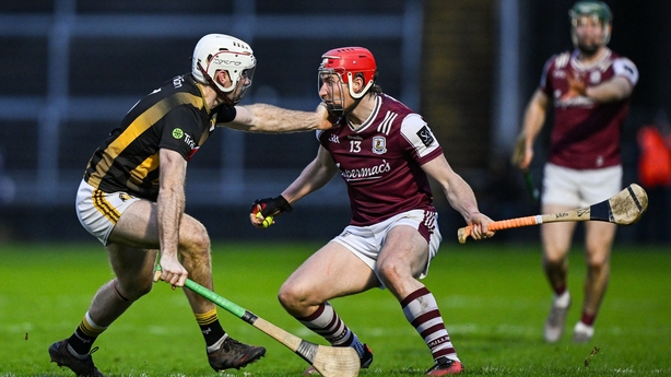 7 March 2026; Conor Whelan of Galway in action against David Blanchfield of Kilkenny during the Allianz Hurling League Division 1A match between Galway and Kilkenny at Pearse Stadium in Galway. Photo by David Fitzgerald/Sportsfile