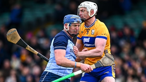 5 April 2026; John Hetherton of Dublin and Conor Cleary of Clare tussle off the ball during the Allianz Hurling League Division 1B final match between Clare and Dublin at TUS Gaelic Grounds in Limerick. Photo by Piaras Ó Mídheach/Sportsfile
