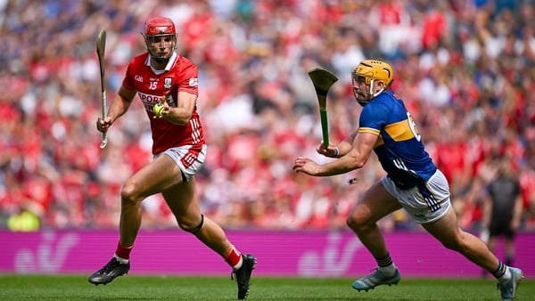 20 July 2025; Brian Hayes of Cork in action against Ronan Maher of Tipperary during the GAA Hurling All-Ireland Senior Championship final match between Cork and Tipperary at Croke Park in Dublin. Photo by Seb Daly/Sportsfile