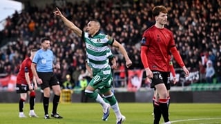 17 April 2026; Graham Burke of Shamrock Rovers celebrates after scoring his side's first goal during the SSE Airtricity Men's Premier Division match between Shamrock Rovers and Bohemians at Tallaght Stadium in Dublin. Photo by Paul Phelan/Sportsfile