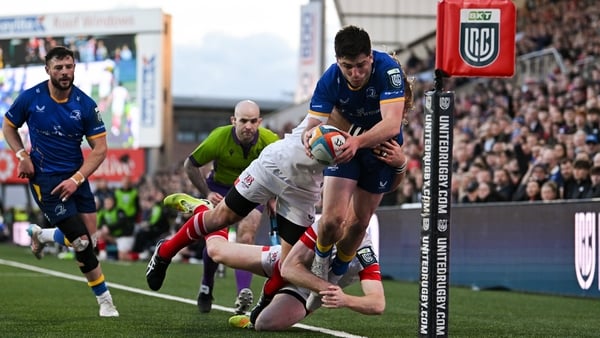 17 April 2026; Jimmy O'Brien of Leinster is tackled into touch by Werner Kok and Jacob Stockdale of Ulster during the United Rugby Championship match between Ulster and Leinster at Affidea Stadium in Belfast. Photo by Ramsey Cardy/Sportsfile