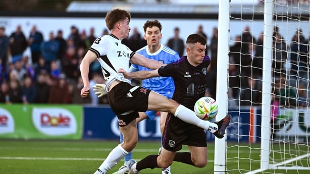17 April 2026; Eoin Kenny of Dundalk in action against Lee Devitt of Galway United during the SSE Airtricity Men's Premier Division match between Dundalk and Galway United at Oriel Park in Dundalk, Louth. Photo by Ben McShane/Sportsfile