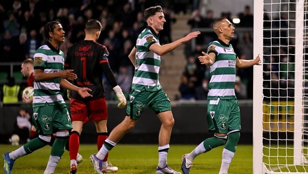 17 April 2026; Graham Burke of Shamrock Rovers celebrates after scoring his side's second goal during the SSE Airtricity Men's Premier Division match between Shamrock Rovers and Bohemians at Tallaght Stadium in Dublin. Photo by Paul Phelan/Sportsfile