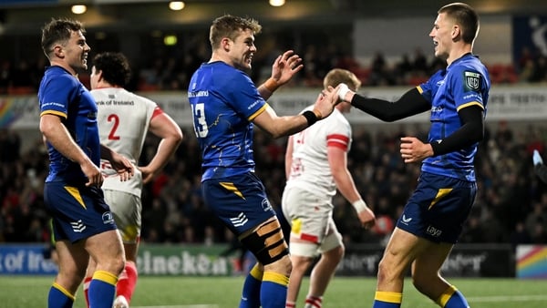 17 April 2026; Sam Prendergast of Leinster celebrates with team mate Garry Ringrose after scoring their side's fourth try during the United Rugby Championship match between Ulster and Leinster at Affidea Stadium in Belfast. Photo by David Fitzgerald/Sport