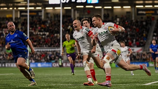 17 April 2026; Zac Ward of Ulster on his way to scoring his side's second try during the United Rugby Championship match between Ulster and Leinster at Affidea Stadium in Belfast. Photo by Ramsey Cardy/Sportsfile