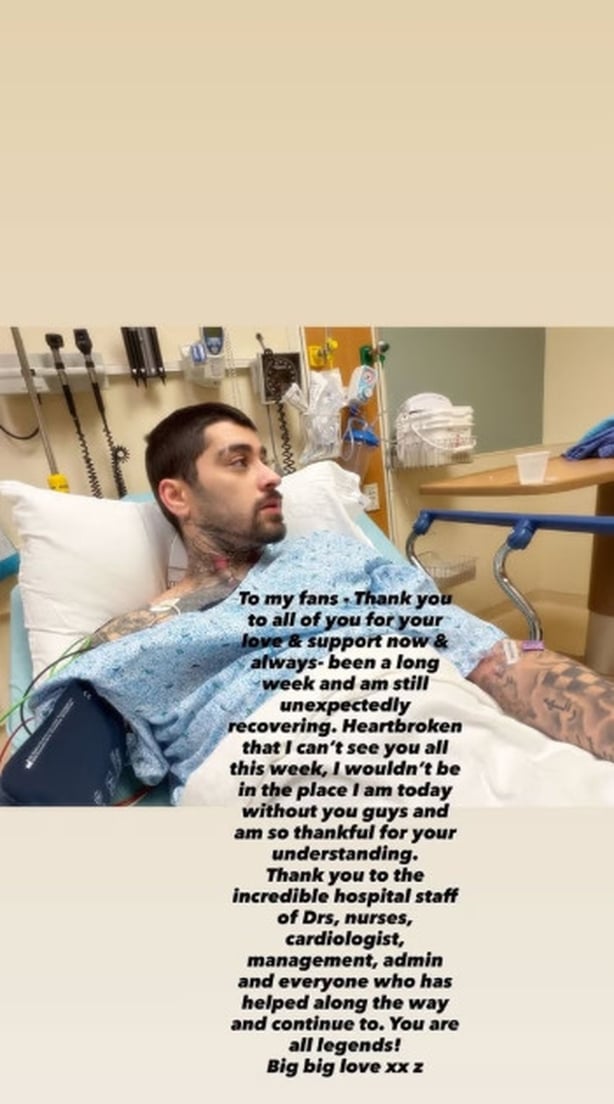 Zayn Malik Instagram screenshot in hospital