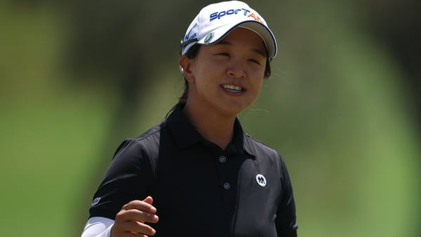 TARZANA, CALIFORNIA - APRIL 17: Sei Young Kim of South Korea reacts after her putt on the 18th green to finish 14 under par for the tournament during the second round of the JM Eagle LA Championship presented by Plastpro at El Caballero Country Club on Ap