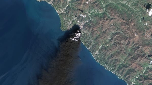 Satellite view showing black smoke rising from the Tuapse Oil Refinery in Russia