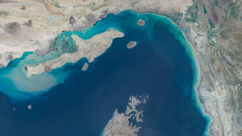 Maps4Media processed and enhanced Sentinal-2 satellite imagery shows a broad view of the Strait of Hormuz