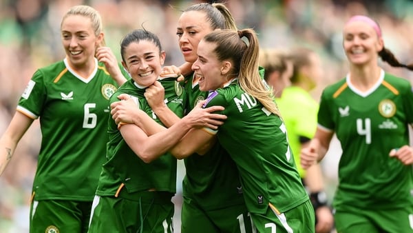 18 April 2026; Marissa Sheva of Republic of Ireland, second from left, celebrates with team-mates after scoring their side's first goal during the 2027 FIFA Women’s World Cup Qualifier match between Republic of Ireland and Poland at the Aviva Stadium in D