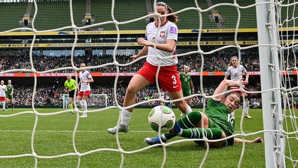 18 April 2026; Marissa Sheva of Republic of Ireland shoots to score her side's first goal during the 2027 FIFA Women’s World Cup Qualifier match between Republic of Ireland and Poland at the Aviva Stadium in Dublin. Photo by Seb Daly/Sportsfile
