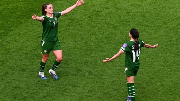 18 April 2026; Chloe Mustaki, left, and Marissa Sheva of Republic of Ireland celebrate after the 2027 FIFA Women’s World Cup Qualifier match between Republic of Ireland and Poland at the Aviva Stadium in Dublin. Photo by Tyler Miller/Sportsfile