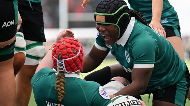 18 April 2026; Aoife Wafer of Ireland celebrates with teammate Linda Djougang after scoring their side's second try during the Women's Six Nations Rugby Championship match between Ireland and Italy at Dexcom Stadium in Galway. Photo by Brendan Moran/Sportsfile