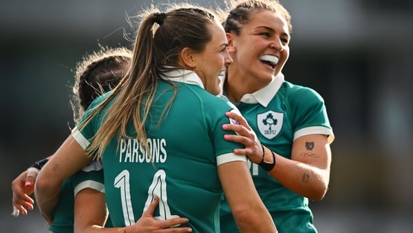 18 April 2026; Béibhinn Parsons Ireland celebrates with teammates after scoring their side's fifth try during the Women's Six Nations Rugby Championship match between Ireland and Italy at Dexcom Stadium in Galway. Photo by Shauna Clinton/Sportsfile