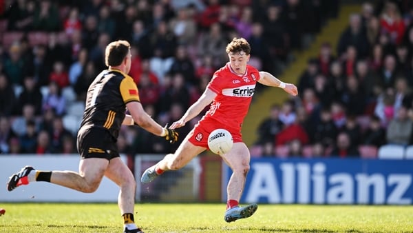 Lachlan Murray of Derry scores goal against Antrim - 2026 Ulster SFC