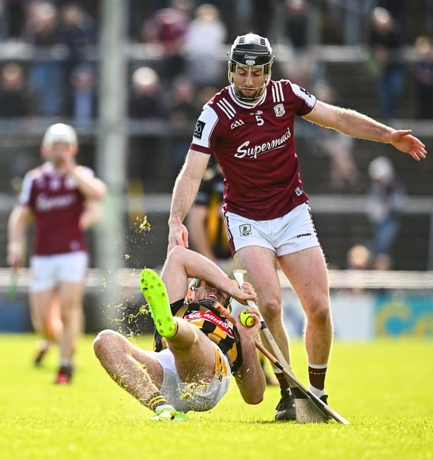 18 April 2026; Eoin Cody of Kilkenny is tackled by Padraic Mannion of Galway during the Leinster GAA Senior Hurling Championship Round 1 match between Galway and Kilkenny at Pearse Stadium in Galway. Photo by Piaras Ó Mídheach/Sportsfile