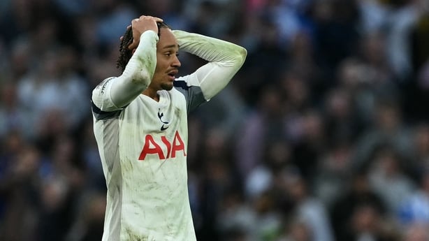 Tottenham Hotspur's Dutch midfielder #07 Xavi Simons reacts on the final whistle in the English Premier League football match between Tottenham Hotspur and Brighton and Hove Albion at the Tottenham Hotspur Stadium in London, on April 18, 2026. The game finished 2-2. (Photo by Ben STANSALL / AFP) / R