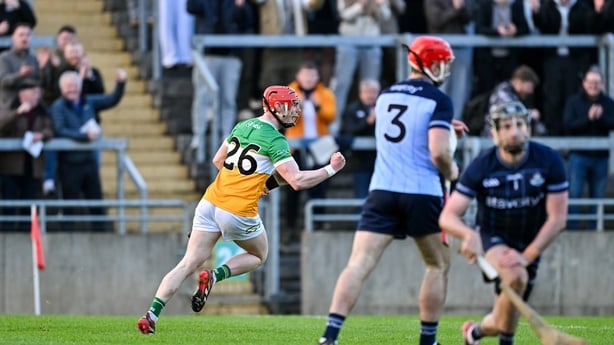 Charlie Mitchell of Offaly scoring his side's fourth goal v Dublin in 2026 Leinster SHC